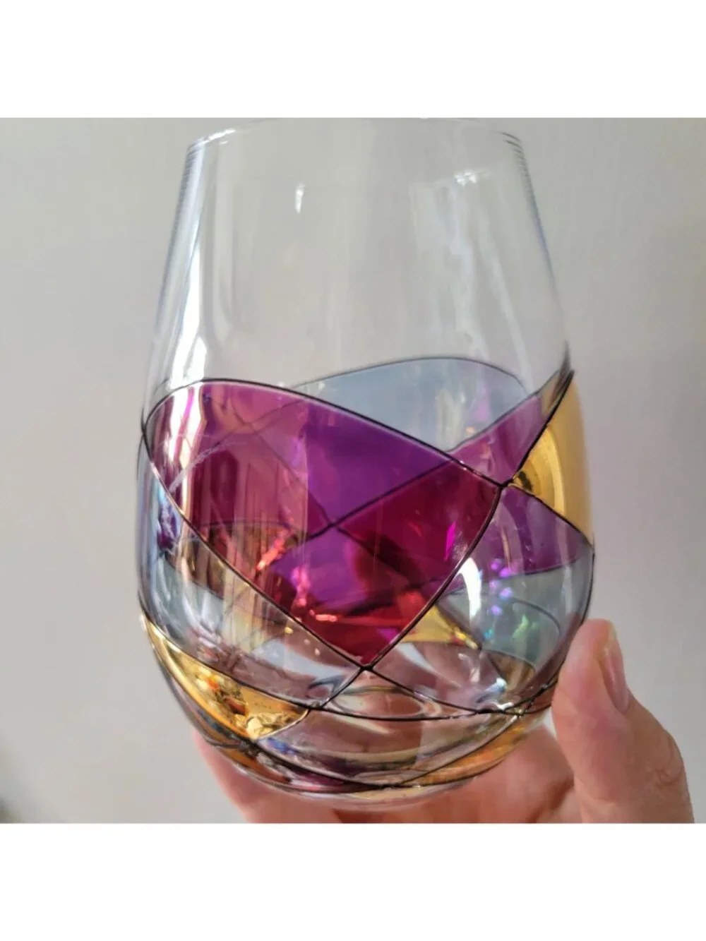 Cornet Barcelona Sagrada Handpainted Stemless Wine Glass Multicolor Geometric